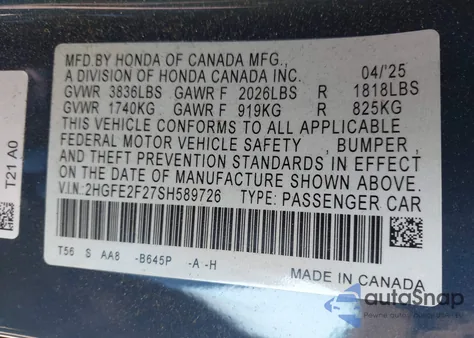 2025 Honda Civic Lx z USA, uszkodzony, nr VIN 2HGFE2F27SH589726